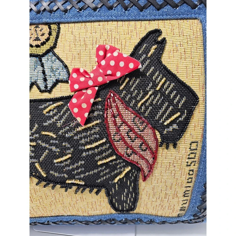 Vintage Denim Scottie Dog Tapestry Handbag Wooden Handle Beaded Terrier Bag
